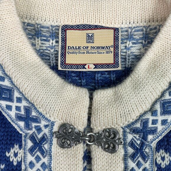 Dale of Norway Mens Cardigan Sweater sz L Fair Isle Wool Metal Clasps Blue White - Picture 8 of 11